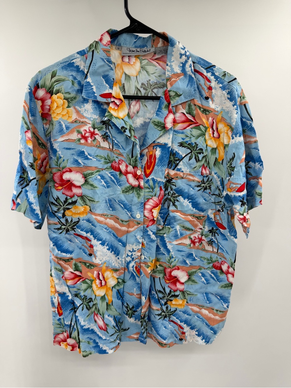 Vintage Diane Von Furstenberg Blue Tropical Floral Hawaiian Shirt Rayon Beach 16